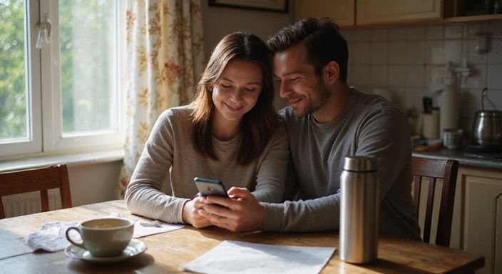 Een man en vrouw delen enthousiasme aan een versleten keukentafel