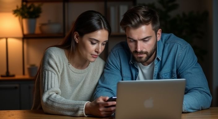 Een man en vrouw bespreken iets op een laptop aan tafel. Een man en vrouw bespreken een neukchat op een laptop aan tafel.