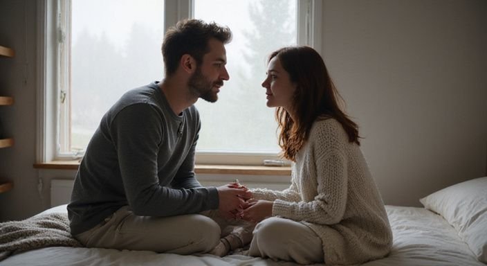 Een man en vrouw delen een intieme, rustige moment op bed.