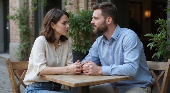 Een man en vrouw zitten samen en hebben een serieus gesprek.