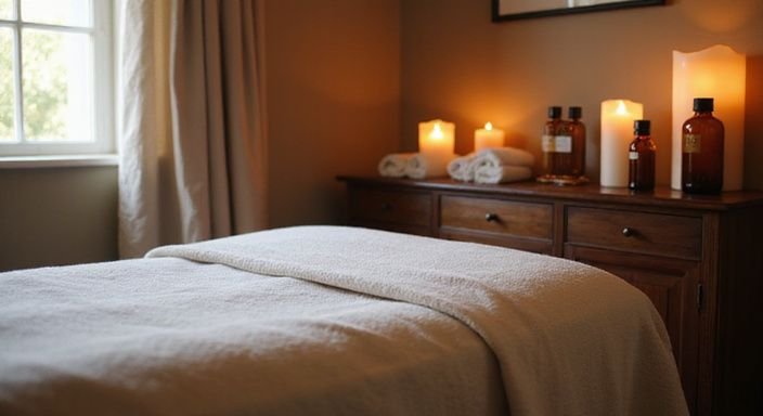 Een uitnodigende massageruimte met een luxe sfeer en zachte texturen.