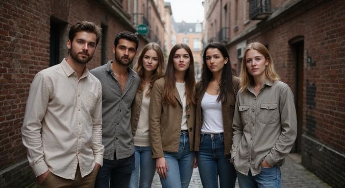 Groep van zes mensen in een smalle steeg in Antwerpen.