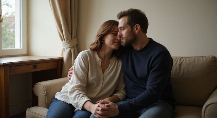 Een man en vrouw zitten samen op een loveseat in een hotelkamer.