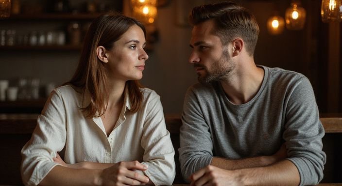 Een man en vrouw delen een intiem moment aan de bar.