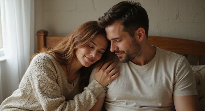 Een vrouw en man omarmen elkaar intiem in hun slaapkamer en willen neuken in Vlaams Brabant.