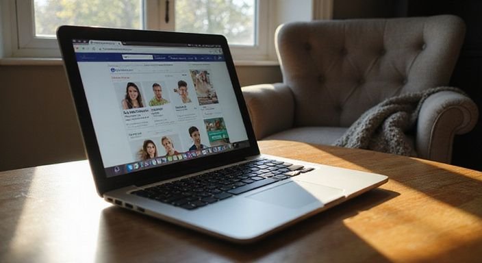 Een laptop met datingapps staat op een houten bureau.