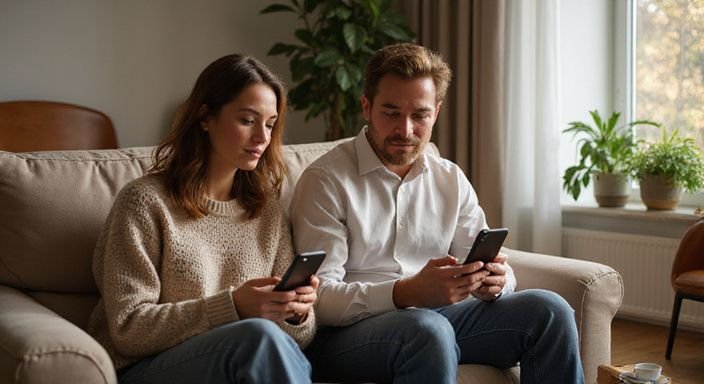 Een paar in de dertig zit ontspannen op een bank en chat voor neuken in Vlaams Brabant.