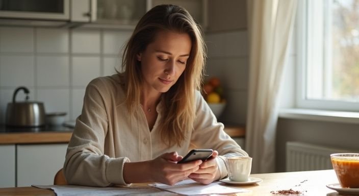 Een vrouw zit aan tafel en zoekt op haar smartphone naar neuken Vlaams Brabant.
