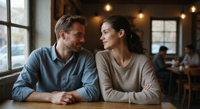 Een man en vrouw delen een intieme conversatie in een café.