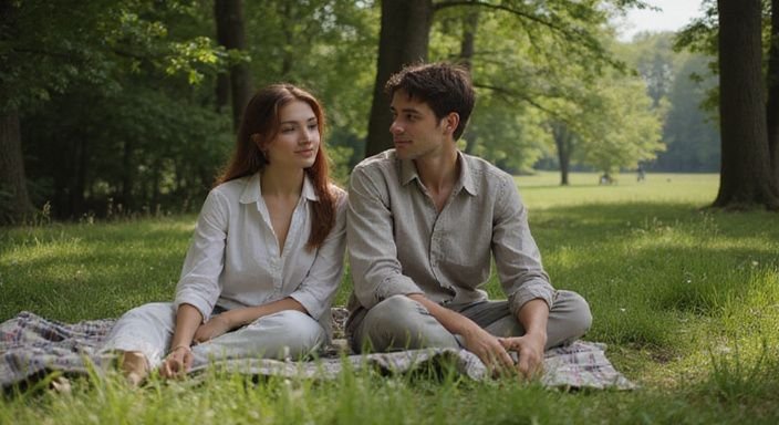 Een jong koppel geniet van elkaar in een park op een deken.