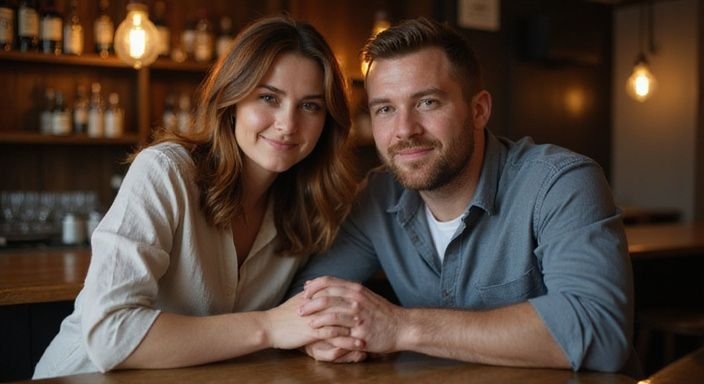 Een man en vrouw genieten van elkaars gezelschap aan de bar.
