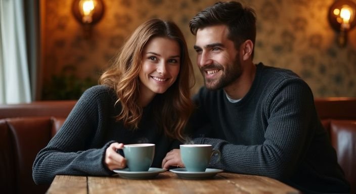 Een vrouw en man genieten van elkaars gezelschap in een café.
