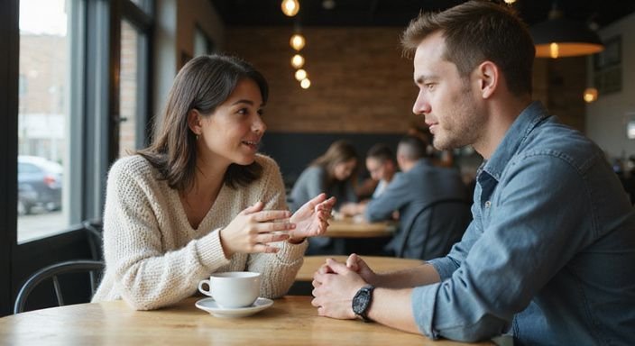 Een jonge vrouw in een koffiehuis, levendig in gesprek over neuken in Vlaams Limburg met een man.