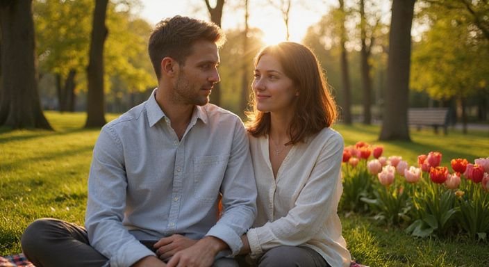 Een jong stel zit op een plaid in een park.
