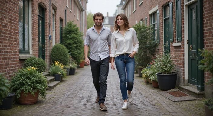 Een stel wandelt ontspannen door een charmant Limburgs dorp.