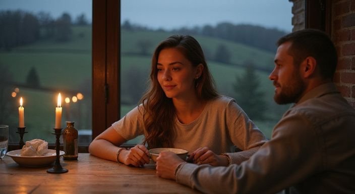 Een jonge vrouw en man genieten van een intiem diner samen.