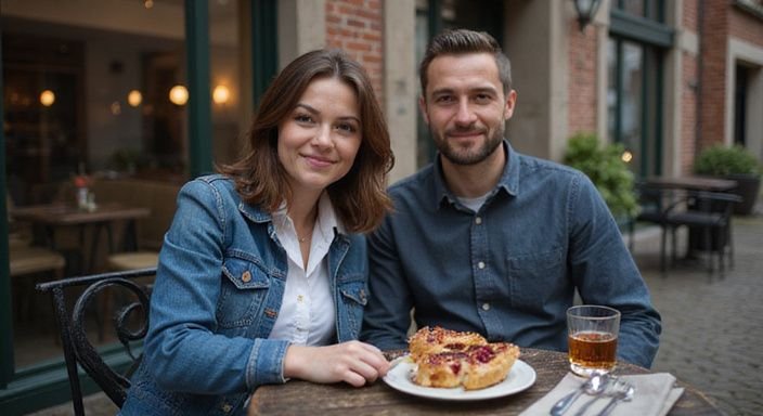 Een jong koppel geniet van Limburgse vlaai en jenever op een caféterras.