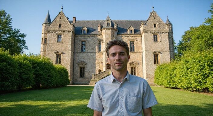 Kasteel Hoensbroek omringd door bomen en een persoon in de voorgrond.