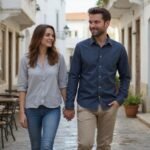 Een stel wandelt hand in hand door een pittoreske straat