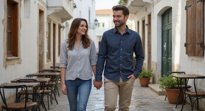 Een stel wandelt hand in hand door een pittoreske straat