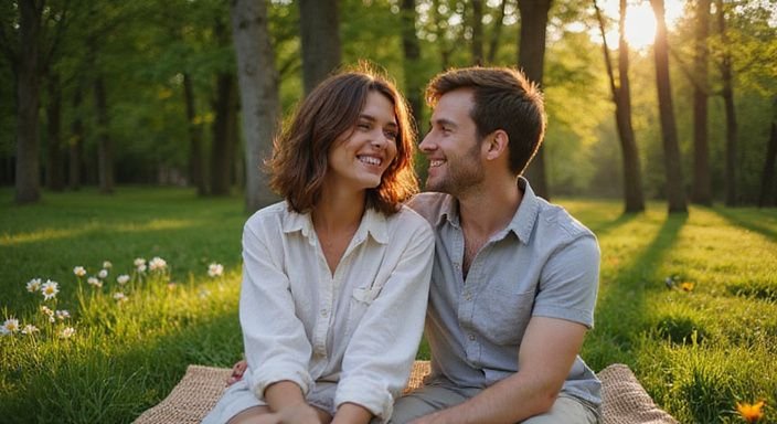 Jong koppel geniet van een vrolijke picknick in een park.