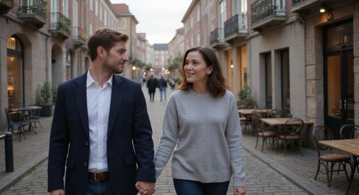 Een stel wandelt hand in hand over een kinderkopjesstraat en gaan neuken in Vlaams Limburg.