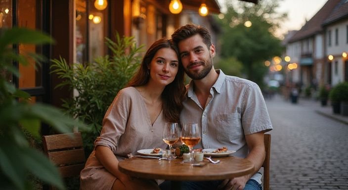 Een stel geniet van een intieme maaltijd aan een buitentafel.
