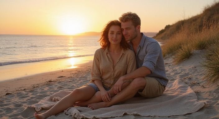 Een vrouw en man genieten van een intiem moment op het strand. Een vrouw en man genieten van een intiem moment op het strand.