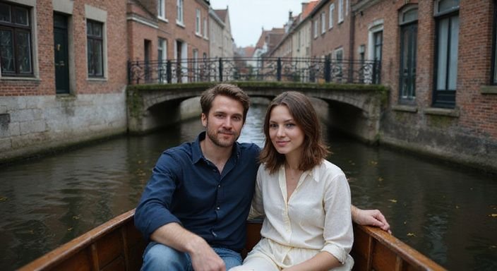 Een stel geniet van een rustige boottocht door de kanalen van Brugge. Een stel geniet van een rustige boottocht door de kanalen van Brugge.