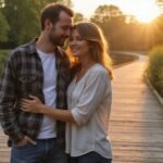 Een vrouw en man staan intiem op een houten brug bij een kanaal