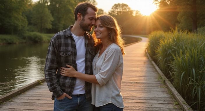 Een vrouw en man staan intiem op een houten brug bij een kanaal