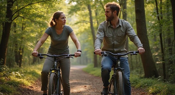 Een stel fietst samen langs een smal bospad in Vlaanderen. Een stel fietst samen langs een smal bospad in Vlaanderen.