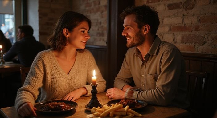Een vrouw en man genieten samen van een maaltijd in een restaurant. Een vrouw en man genieten samen van een maaltijd in een restaurant.