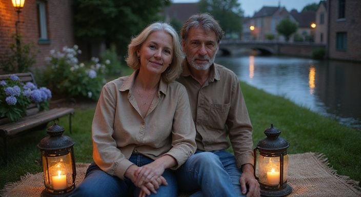 Een middel ouder echtpaar geniet van een intiem moment in een tuin. Een middel ouder echtpaar geniet van een intiem moment in een tuin.