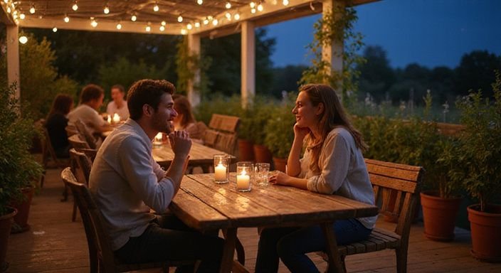 Een intiem café met rustieke tafels en bloeiende planten. Een intiem café met rustieke tafels en bloeiende planten.