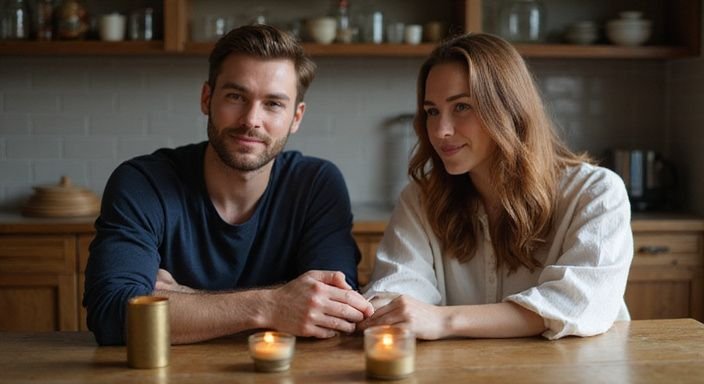 Een jong stel zit samen aan een houten eettafel. Een jong stel zit samen aan een houten eettafel.