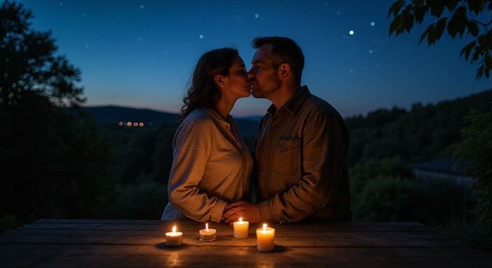 Een stel deelt een tedere kus op een houten dek. Een stel deelt een tedere kus op een houten dek.