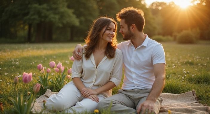 Een stel geniet van een intieme picknick in een park. Een stel geniet van neuken in West-Vlaanderen in een park.