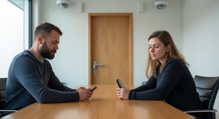 Twee mensen hebben een rustige, serieuze bespreking in een vergaderruimte. Twee mensen hebben een rustige, serieuze bespreking over online neukadvertenties in een vergaderruimte.