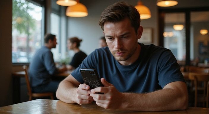Een jonge volwassene in een koffietent, gefocust op een smartphone. Een jonge volwassene in een koffietent, zoekt op een smartphone naar online neukadvertenties.