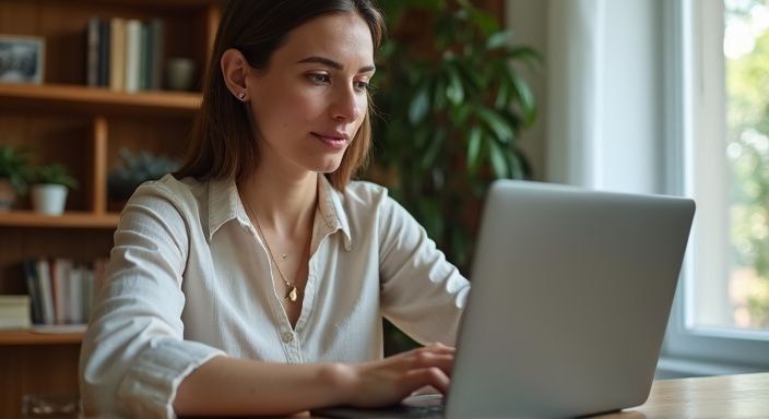 Een vrouw werkt geconcentreerd aan haar laptop in een thuiskantoor. Een vrouw werkt geconcentreerd aan haar laptop in een thuiskantoor en zoekt online neukadvertenties.