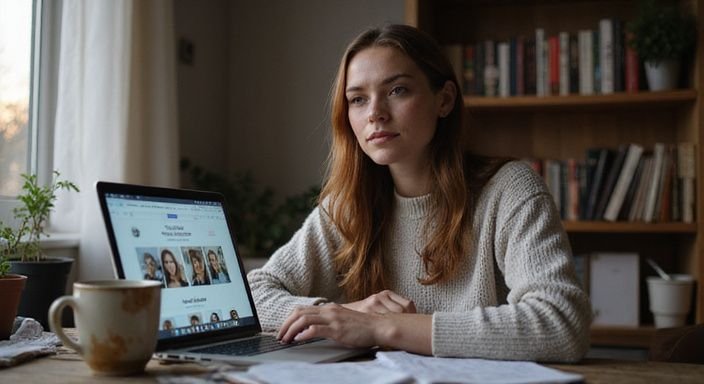 Een jonge vrouw kijkt geconcentreerd naar haar laptop aan een rommelig bureau. Een jonge vrouw kijkt geconcentreerd naar haar laptop aan een rommelig bureau.