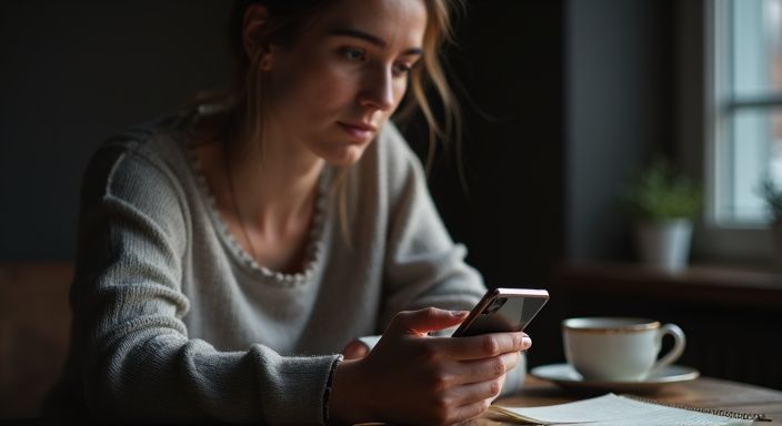Een vrouw in een intieme ruimte, gefocust op haar smartphone.