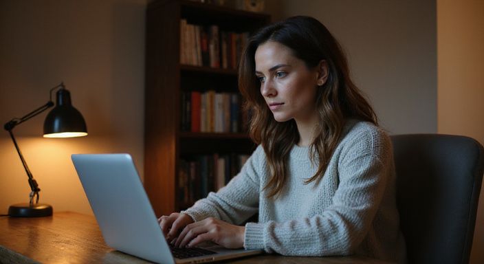 Vrouw in een trui scrolt geconcentreerd door online datingprofielen.