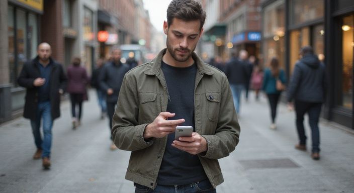 Een jongvolwassene gebruikt een smartphone op een drukke stadsstraat.