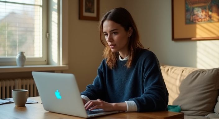Een vrouw zit geconcentreerd aan een houten eettafel met een laptop.