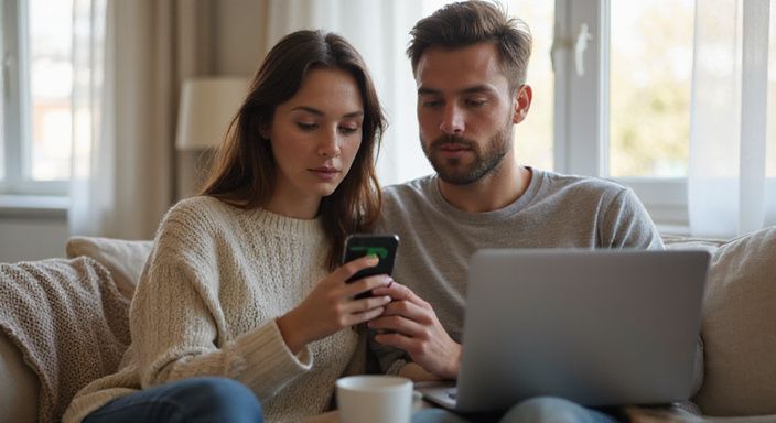 Jong koppel met smartphone en laptop, bezig met een datingapp voor een neukafspraakje.