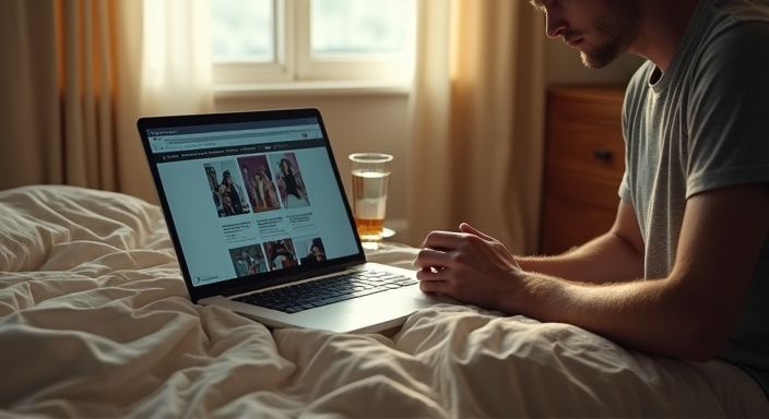Een man op bed bekijkt expliciete advertenties voor en neukafspraakje op zijn laptop.