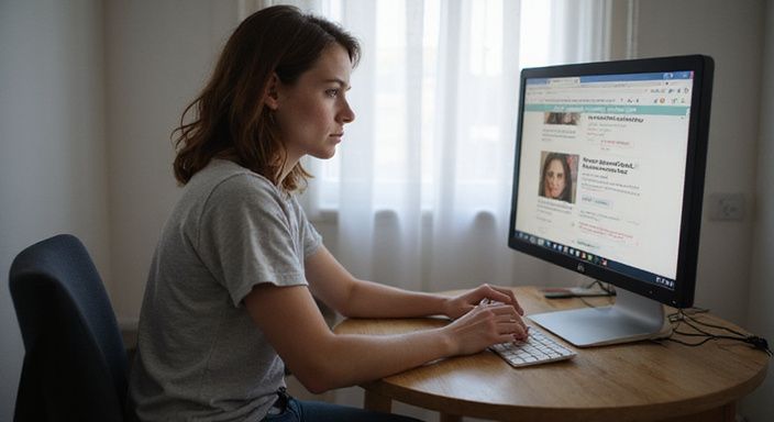 Vrouw achter bureau, geconcentreerd op advertenties voor volwassen diensten.