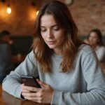 Een vrouw in een café kijkt gefocust naar haar smartphone